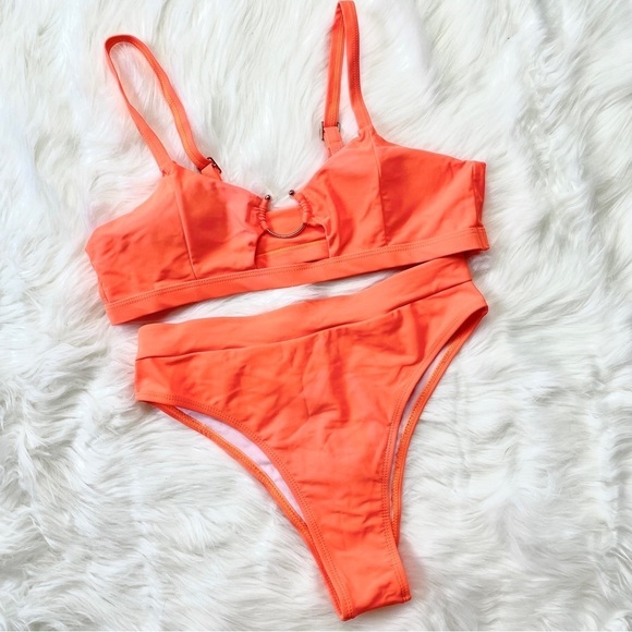 ✨ Neon Orange High Waist O Ring Bikini Swimsuit Shein Size Medium - Picture 1 of 5